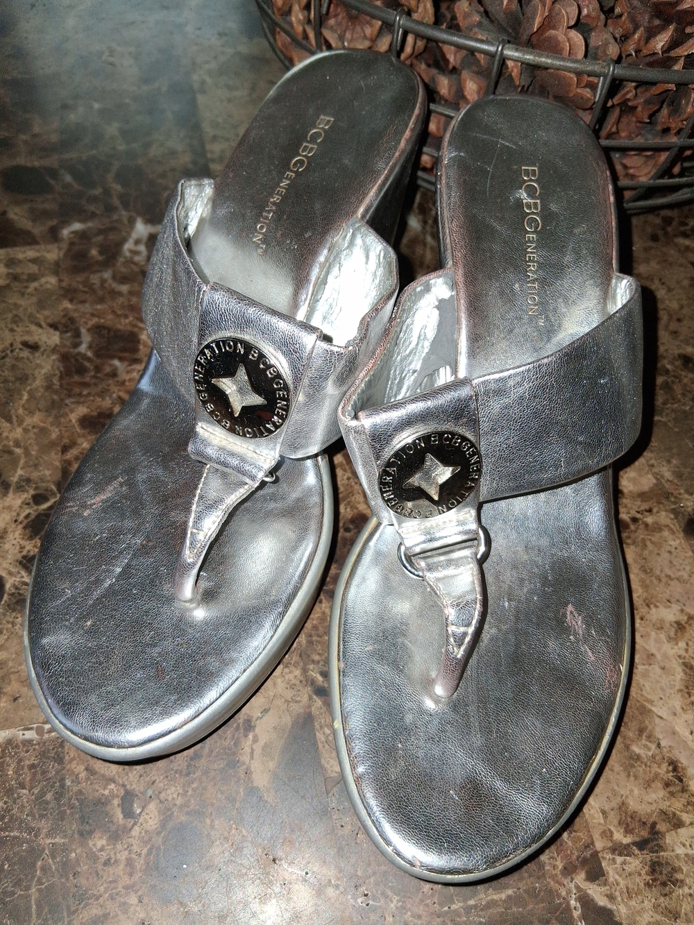 BCBGeneration Silver Metallic Thong Sandals